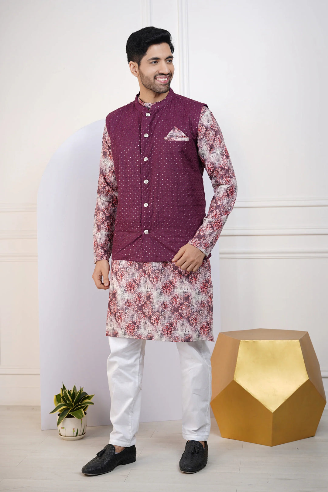 Wine Floral kurta with Wine Jacket and White Pyjama for Men