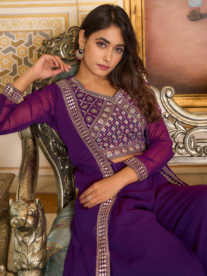 Beautiful Purple Georgette Festival Wear Palazzo Top With Shrug