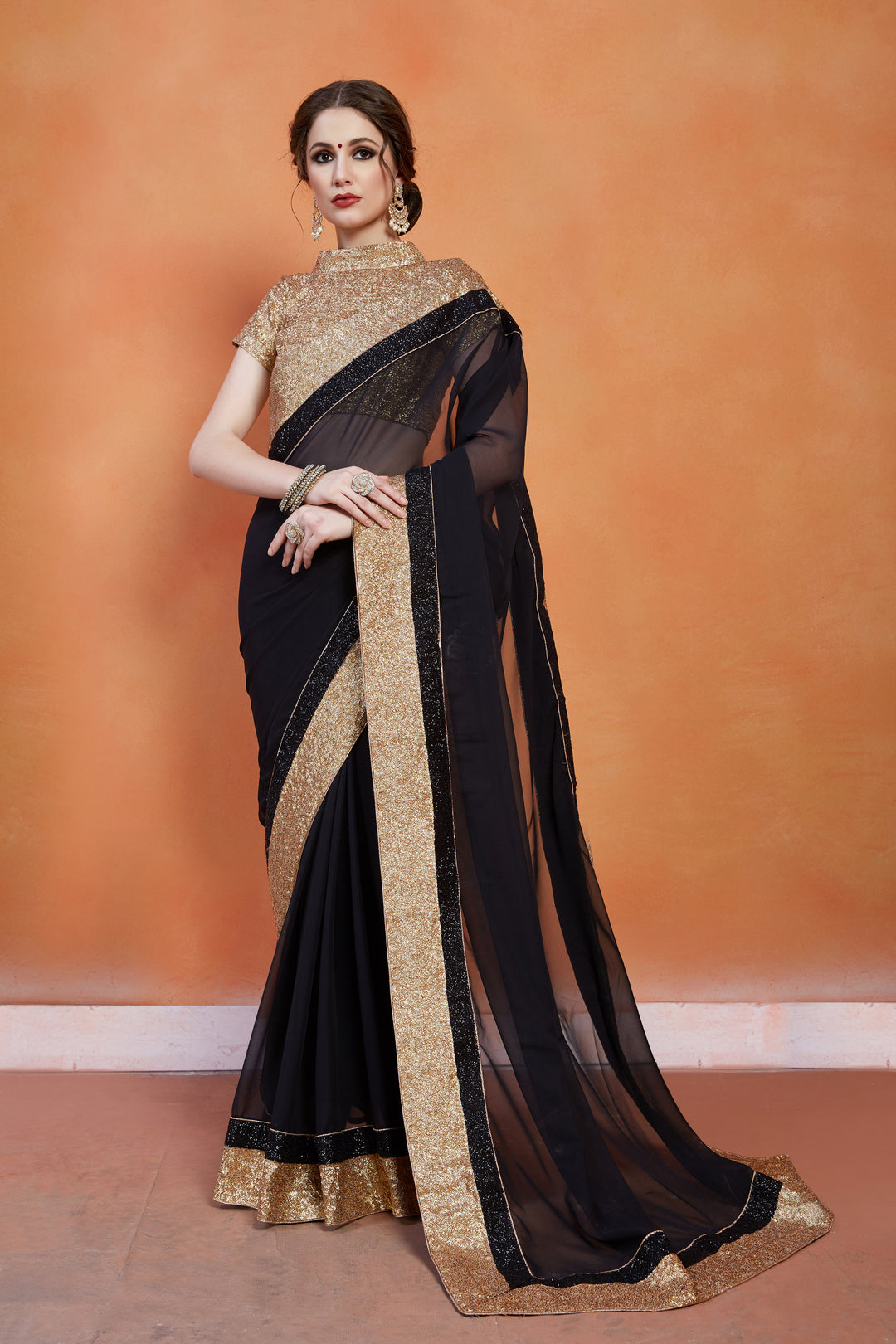 Black and Golden Georgette Saree | Gota Work with Sequins