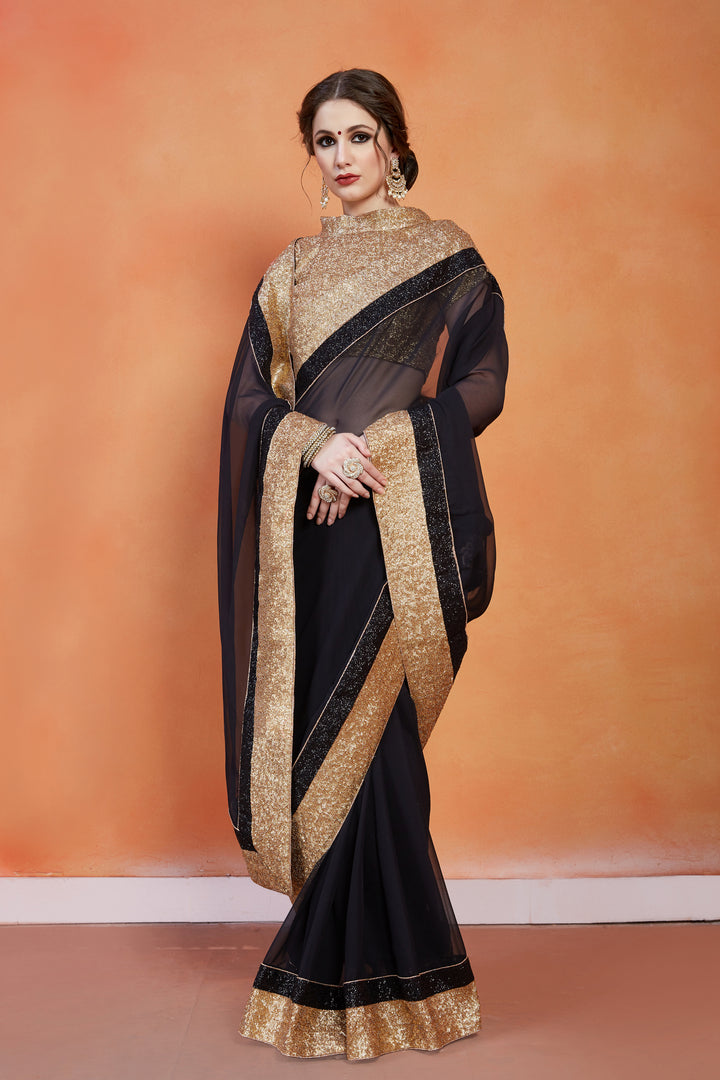 Black and Golden Georgette Saree | Gota Work with Sequins