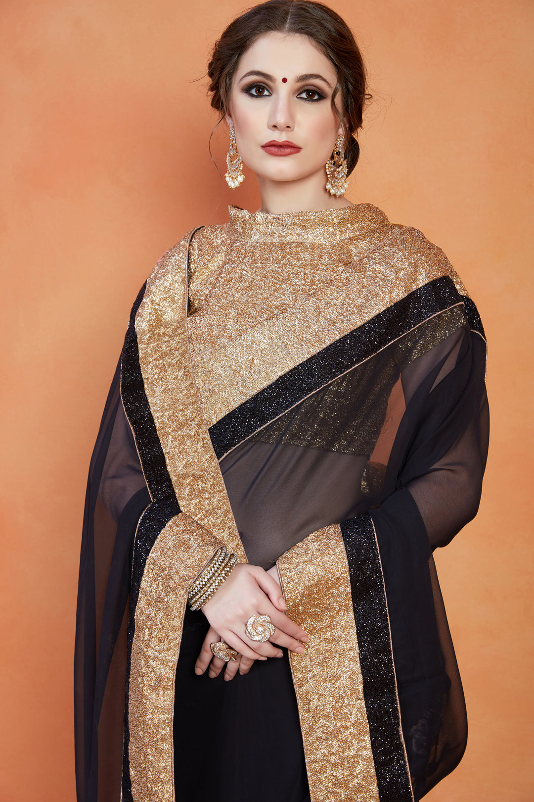 Black and Golden Georgette Saree | Gota Work with Sequins