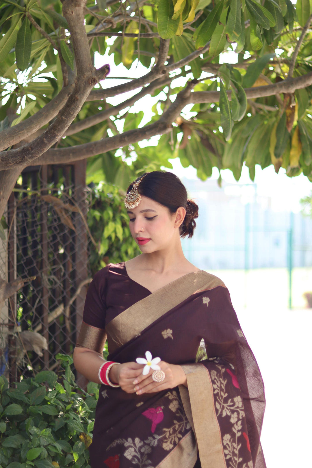 Elegant linen silk saree with zari butti, Jamdani border, and Katha detailing