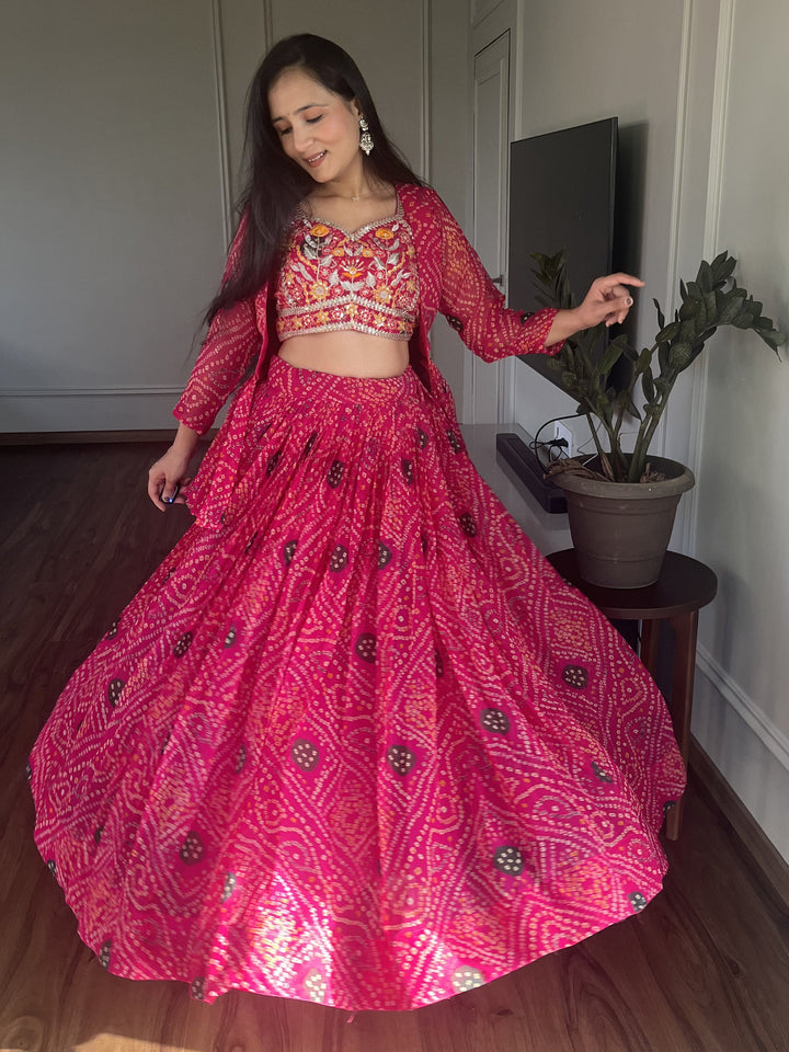 Lovely Pink Bandhani Printed Cotton Lehenga Choli With Jacket