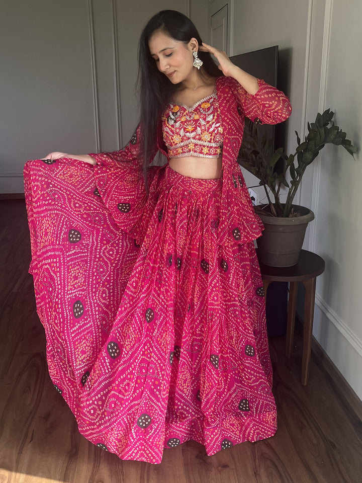 Lovely Pink Bandhani Printed Cotton Lehenga Choli With Jacket