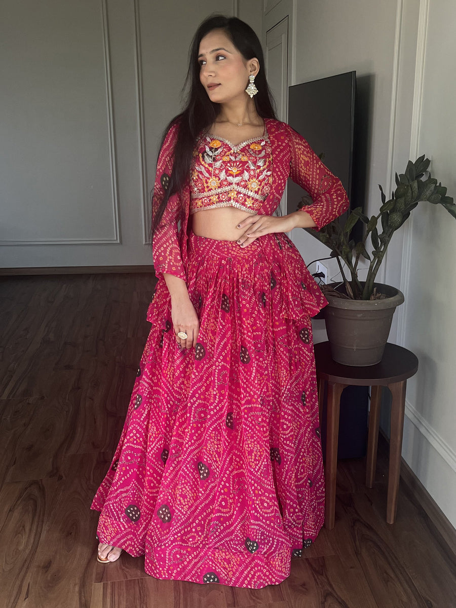 Lovely Pink Bandhani Printed Cotton Lehenga Choli With Jacket