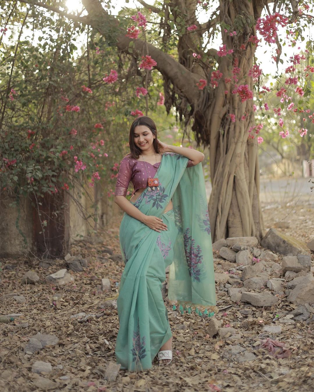 Soft and elegant Muga silk saree with a small zari pallu