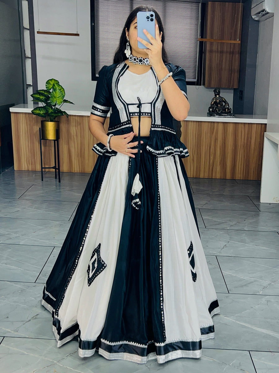 Fantastic White & Black Mirror Work Cotton Wear Lehenga Choli With Koti