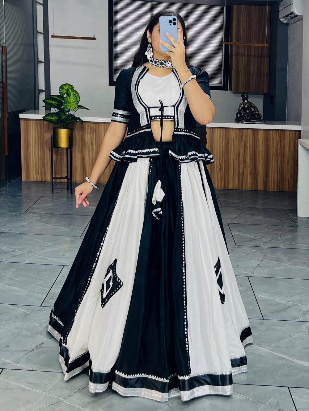 Fantastic White & Black Mirror Work Cotton Wear Lehenga Choli With Koti