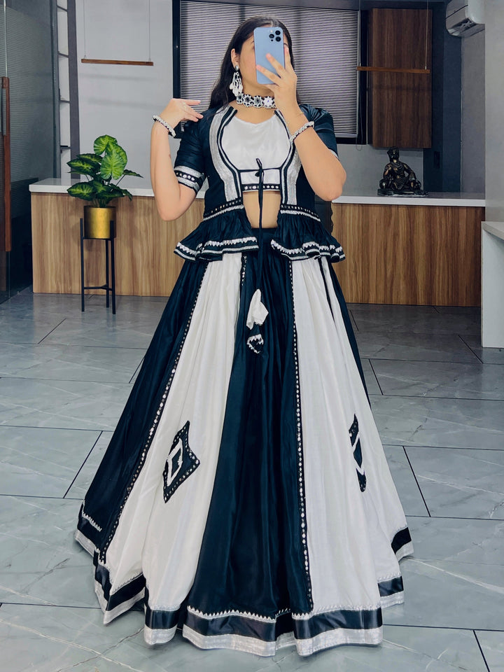 Fantastic White & Black Mirror Work Cotton Wear Lehenga Choli With Koti