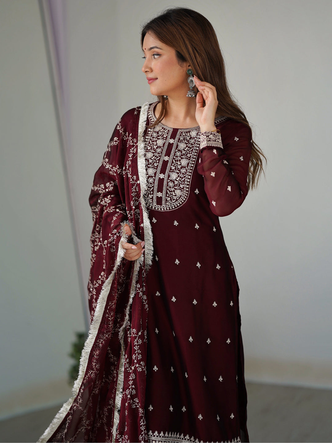 Amazing Maroon Thread Work Silk Festival Wear Pant Suit With Dupatta