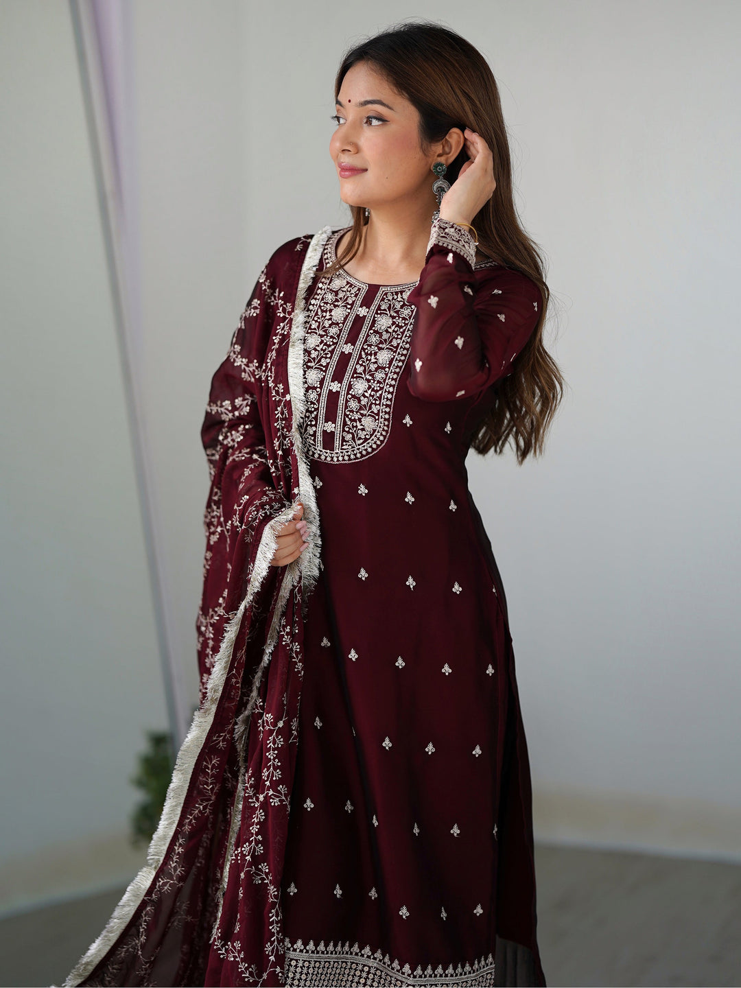 Amazing Maroon Thread Work Silk Festival Wear Pant Suit With Dupatta