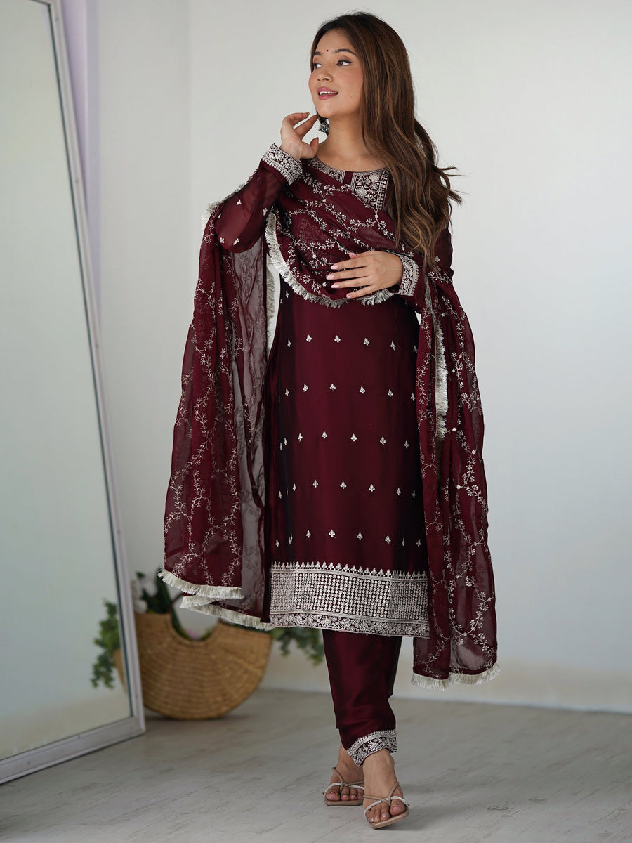 Amazing Maroon Thread Work Silk Festival Wear Pant Suit With Dupatta