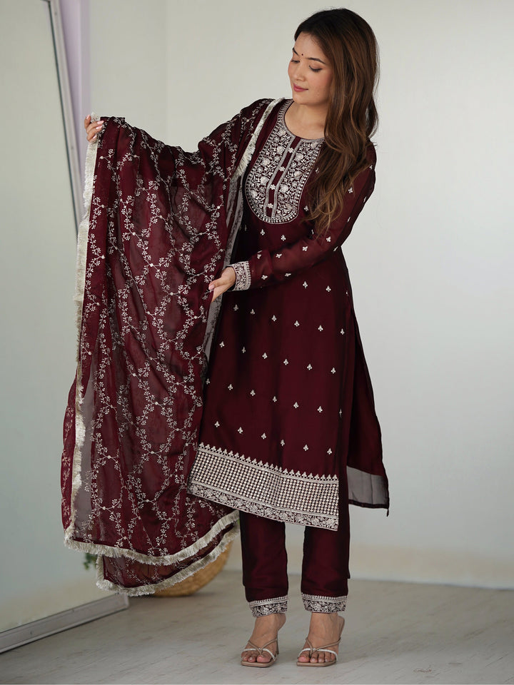 Amazing Maroon Thread Work Silk Festival Wear Pant Suit With Dupatta