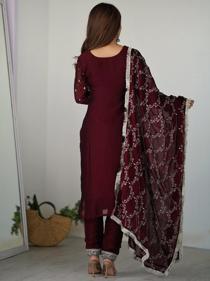 Amazing Maroon Thread Work Silk Festival Wear Pant Suit With Dupatta