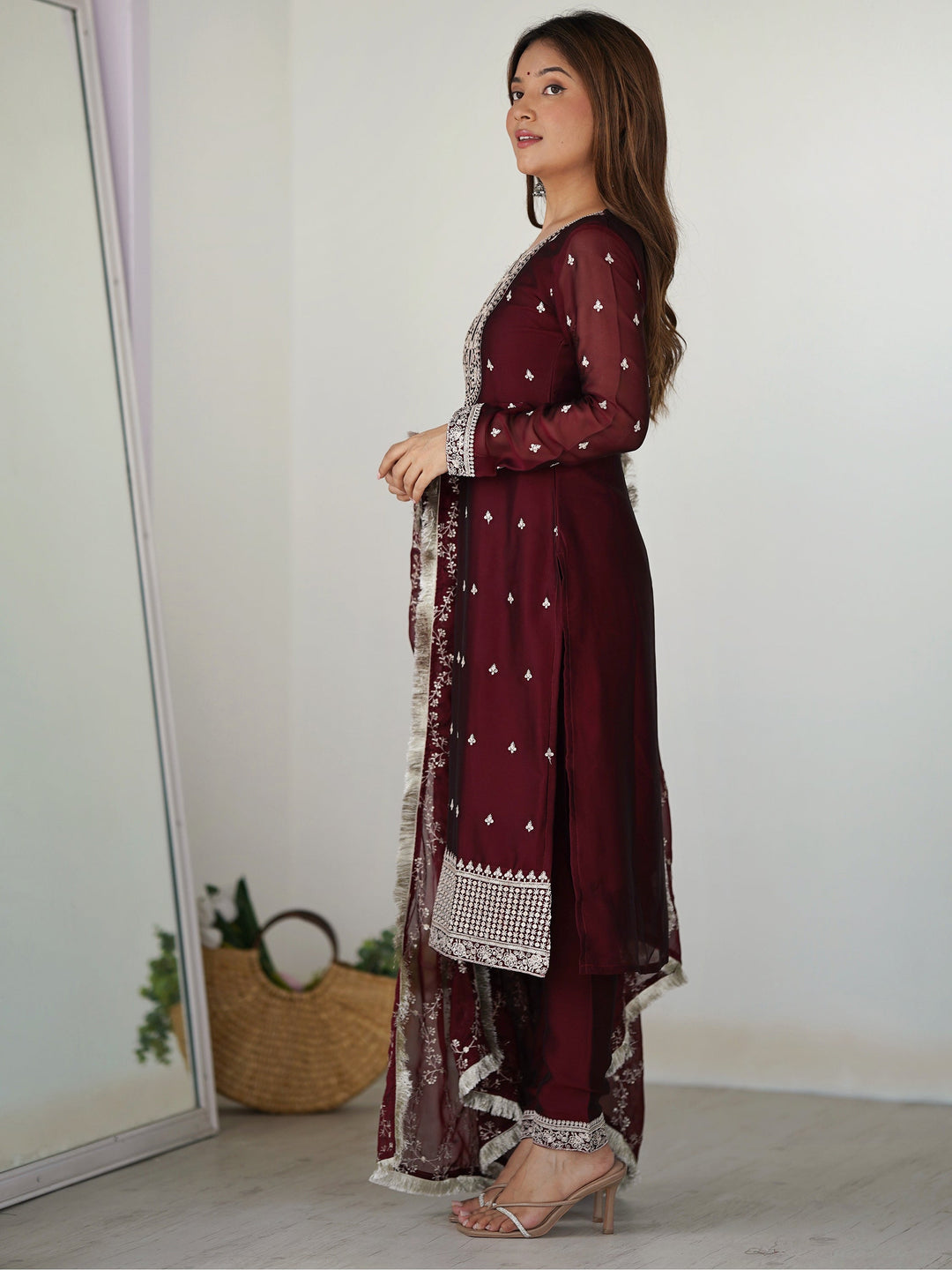 Amazing Maroon Thread Work Silk Festival Wear Pant Suit With Dupatta