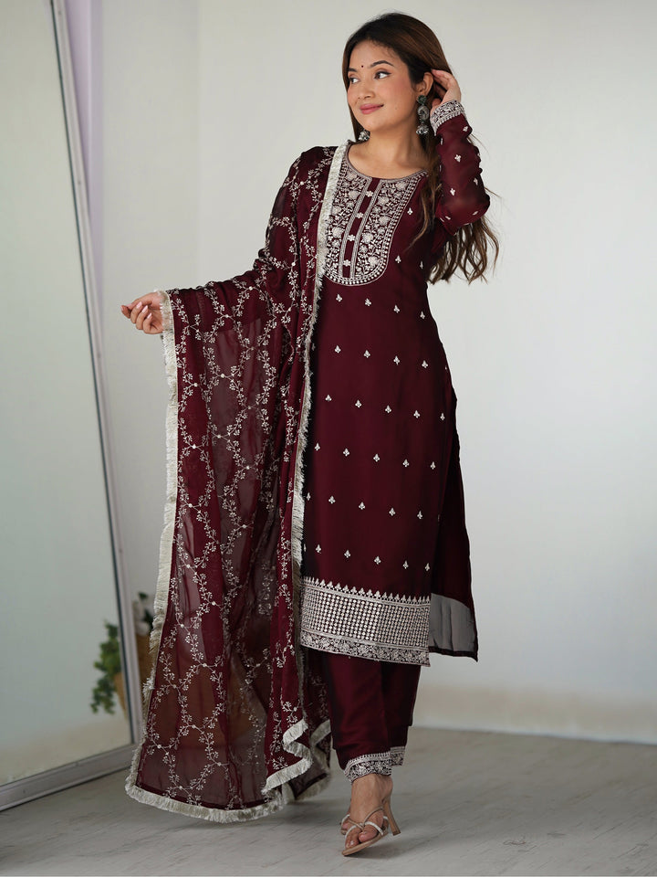 Amazing Maroon Thread Work Silk Festival Wear Pant Suit With Dupatta