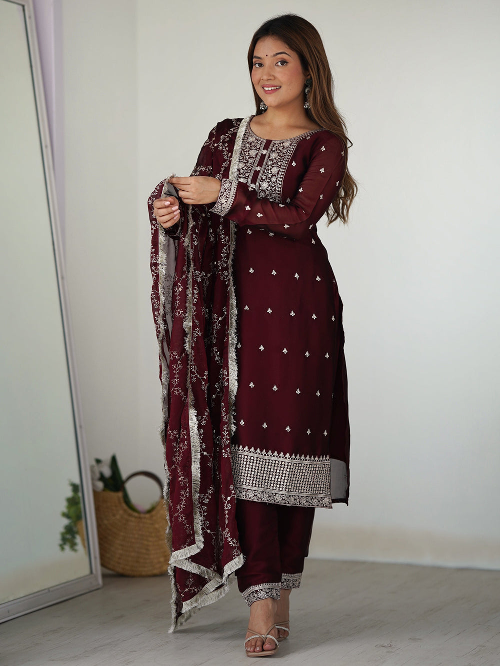 Amazing Maroon Thread Work Silk Festival Wear Pant Suit With Dupatta