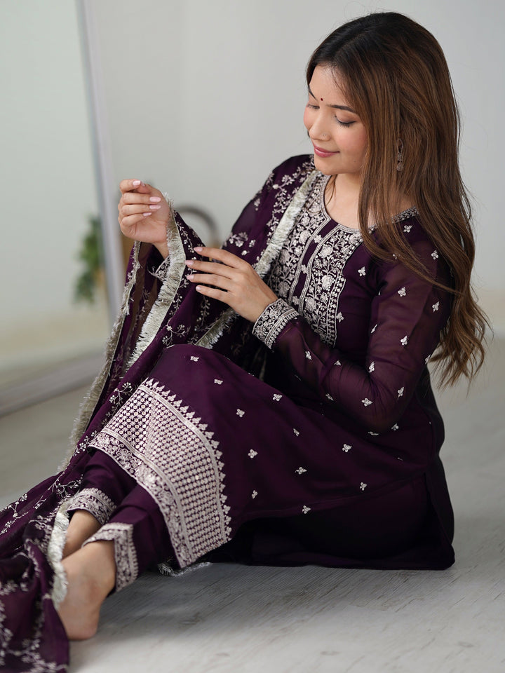 Wonderful Purple Embroidered Silk Pant Suit With Dupatta