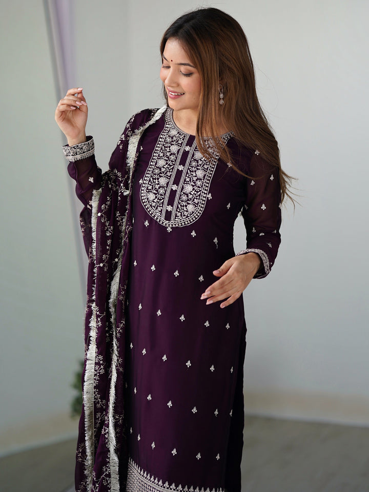 Wonderful Purple Embroidered Silk Pant Suit With Dupatta