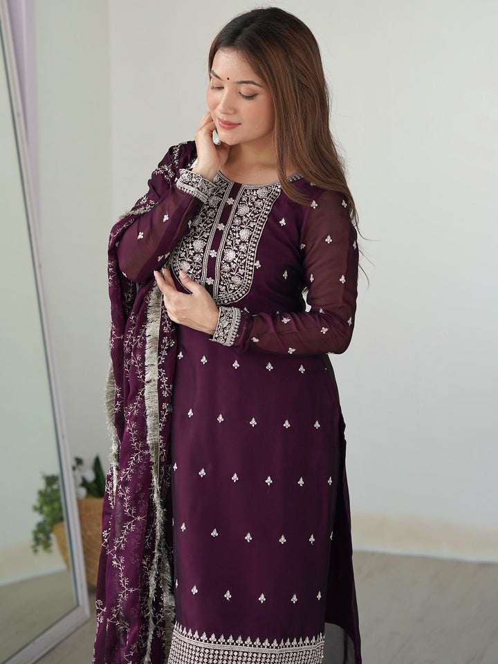 Wonderful Purple Embroidered Silk Pant Suit With Dupatta