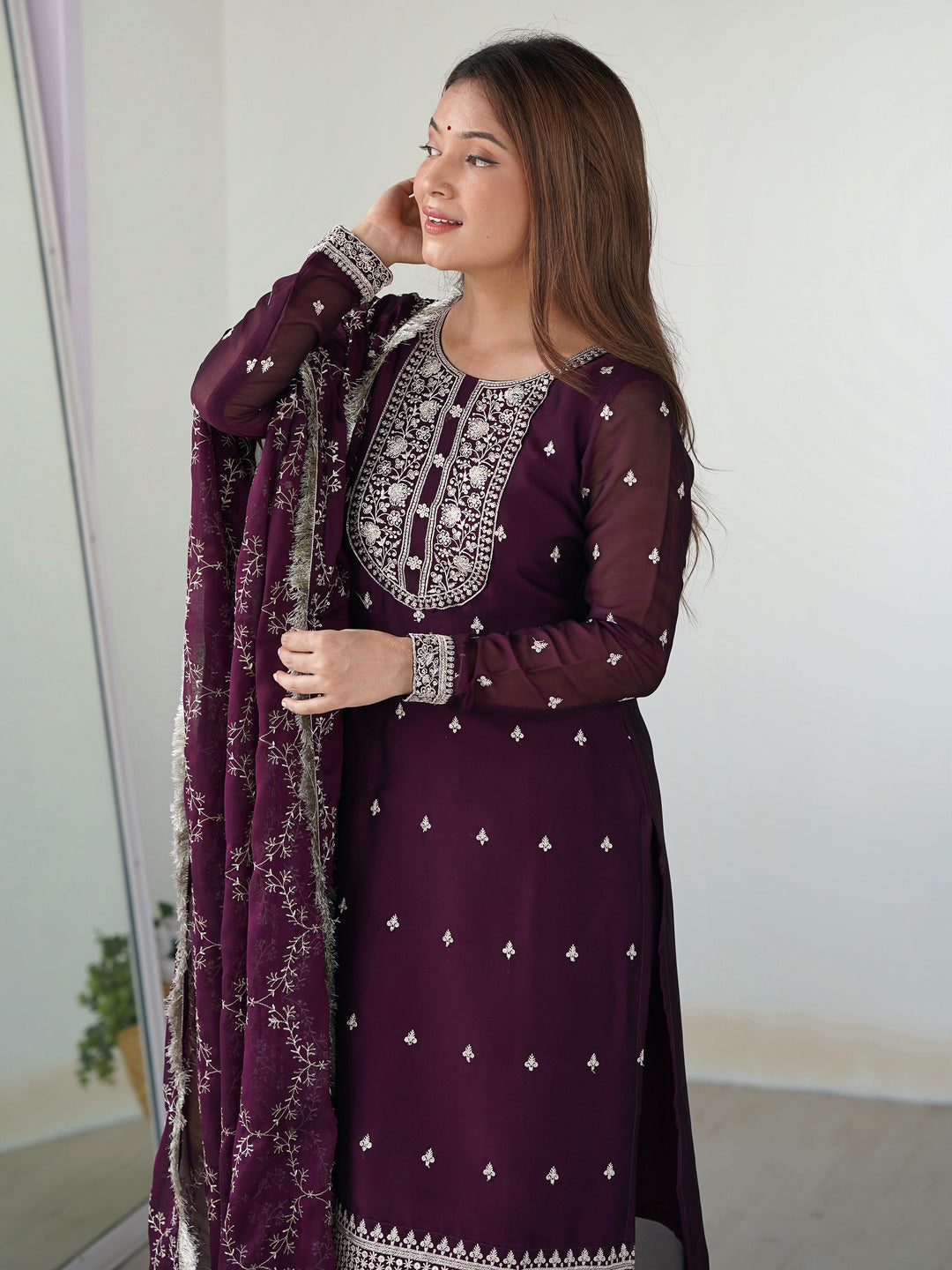 Wonderful Purple Embroidered Silk Pant Suit With Dupatta