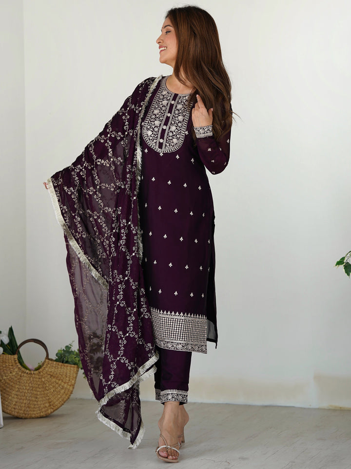 Wonderful Purple Embroidered Silk Pant Suit With Dupatta