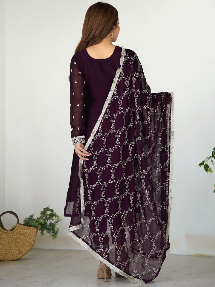 Wonderful Purple Embroidered Silk Pant Suit With Dupatta