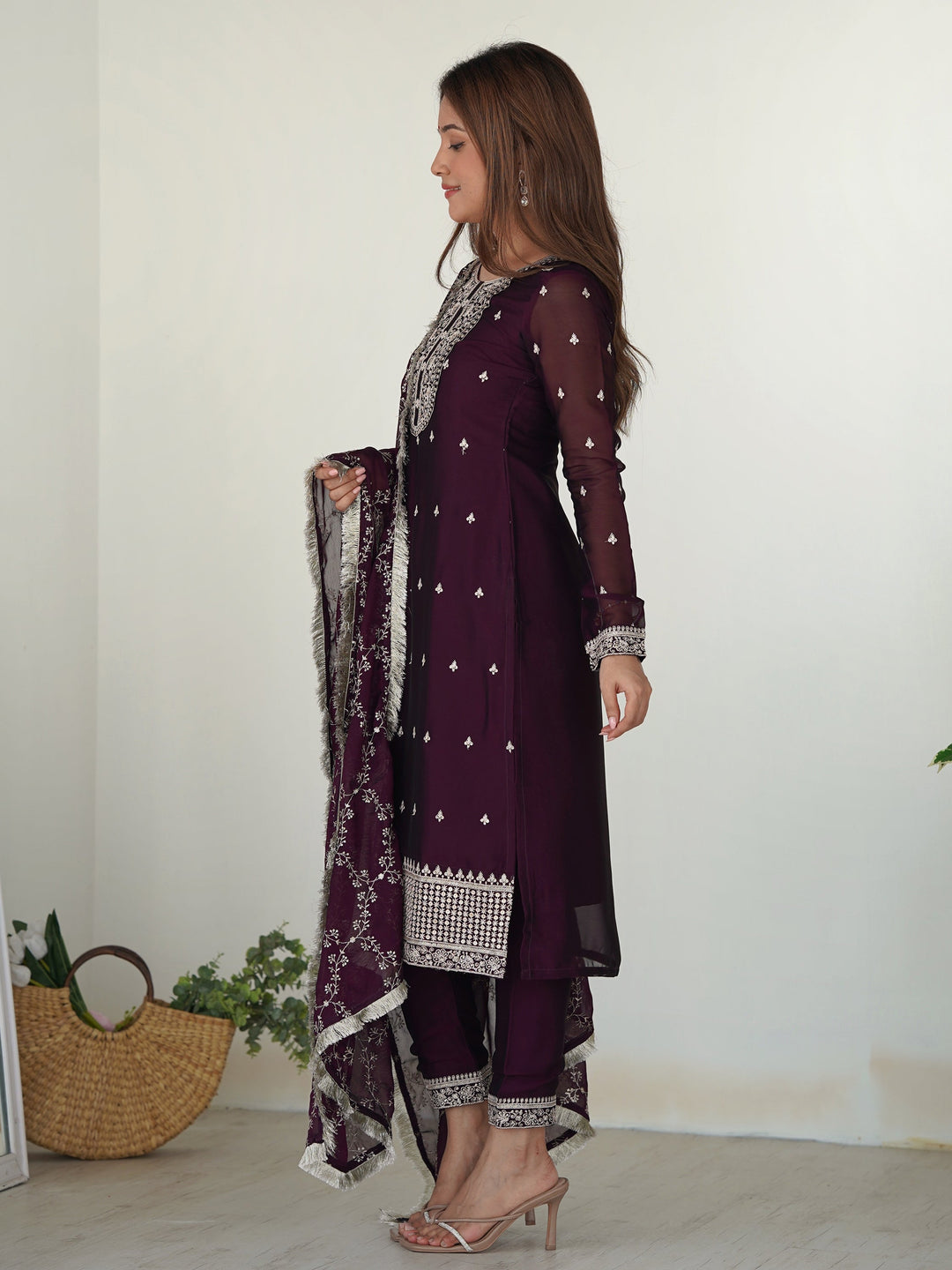 Wonderful Purple Embroidered Silk Pant Suit With Dupatta