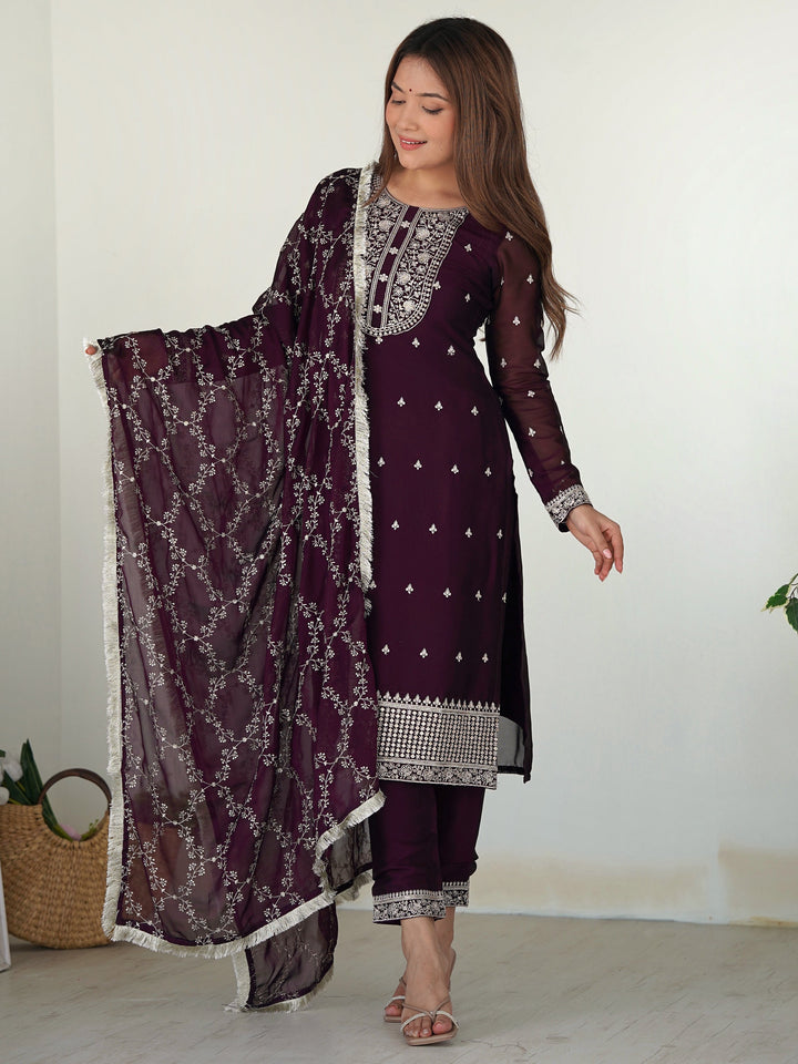 Wonderful Purple Embroidered Silk Pant Suit With Dupatta