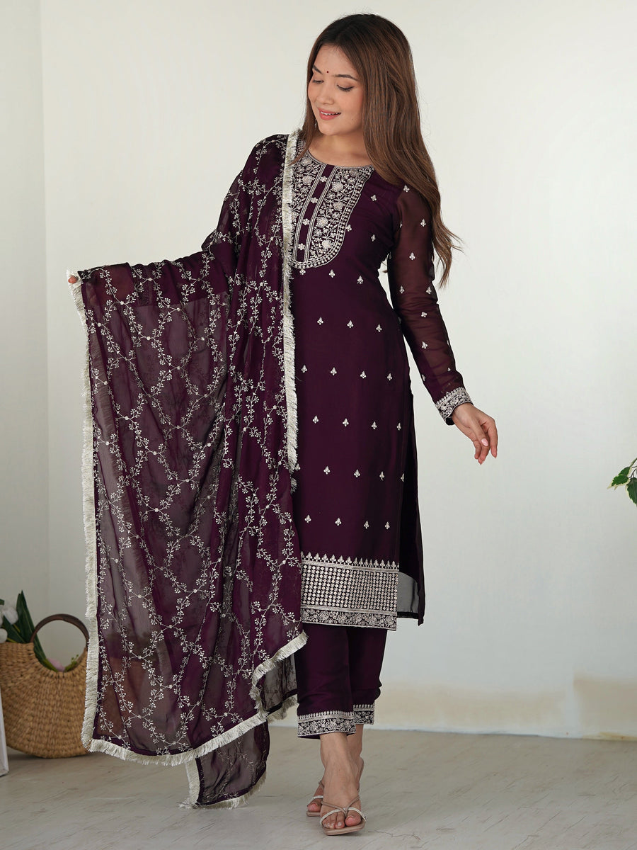 Wonderful Purple Embroidered Silk Pant Suit With Dupatta