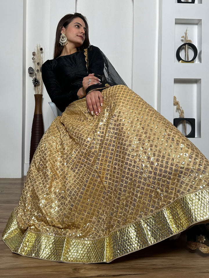 Beautiful Golden Sequins Silk Sangeet Wear Lehenga Choli With Dupatta