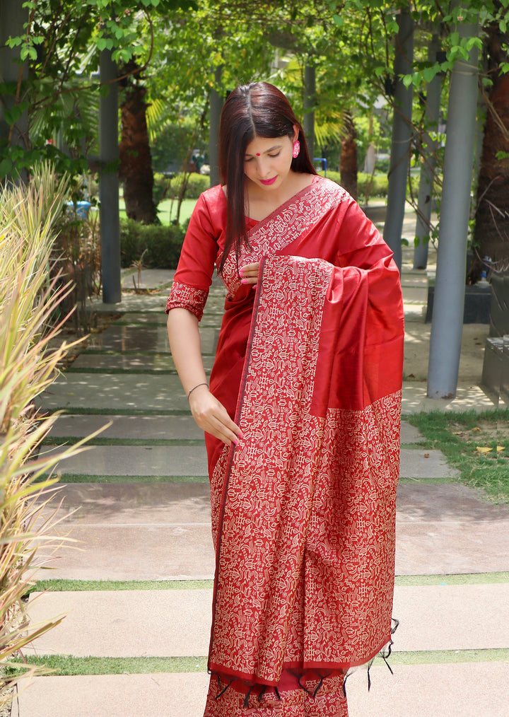 {Color} traditional Indian sari, crafted from raw silk, ideal for weddings and celebrations.