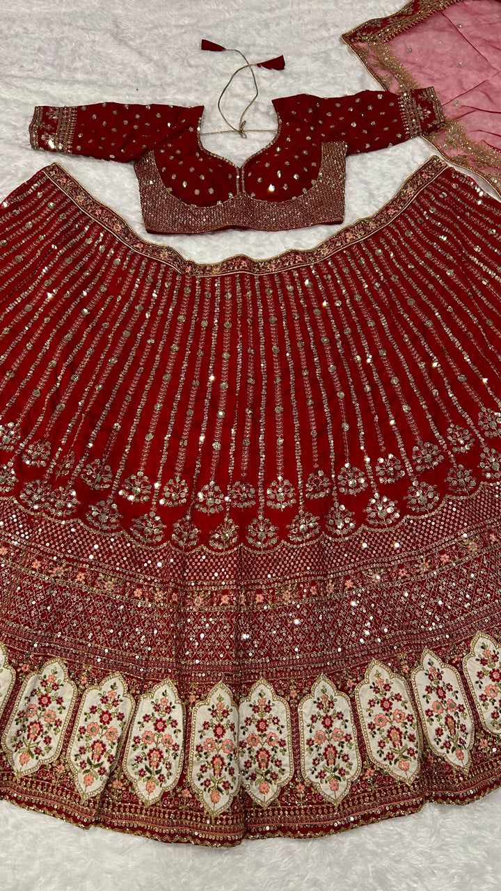 Premium Red Silk Lehenga | Sequins, Dori, and Thread Embroidery