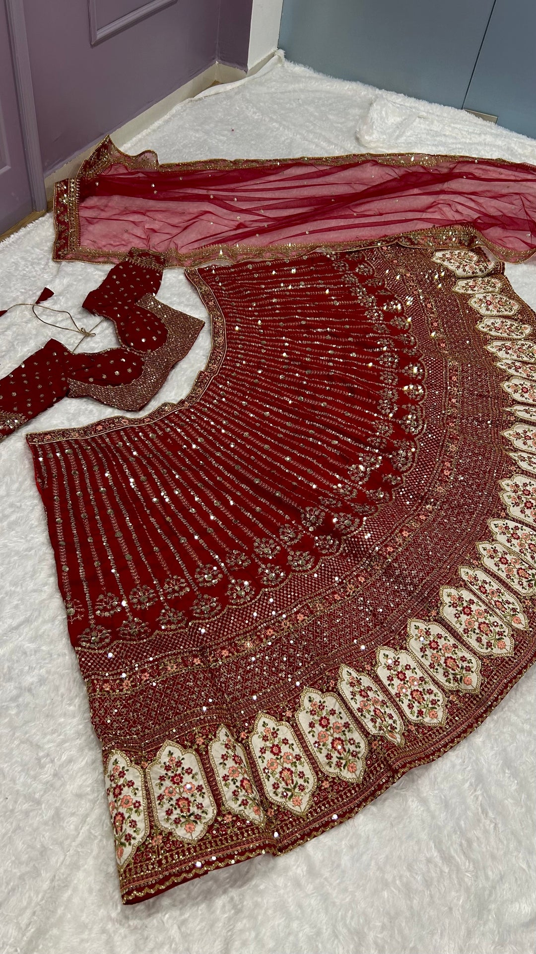 GlamorousÃ‚Â Red Sequins Silk Wedding Lehenga Choli With Dupatta