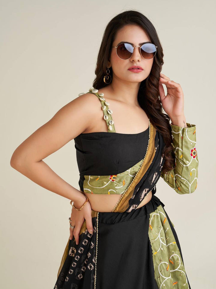 AdorableÃ‚Â Black Printed Rayon Navratri Lehenga Choli With Dupatta