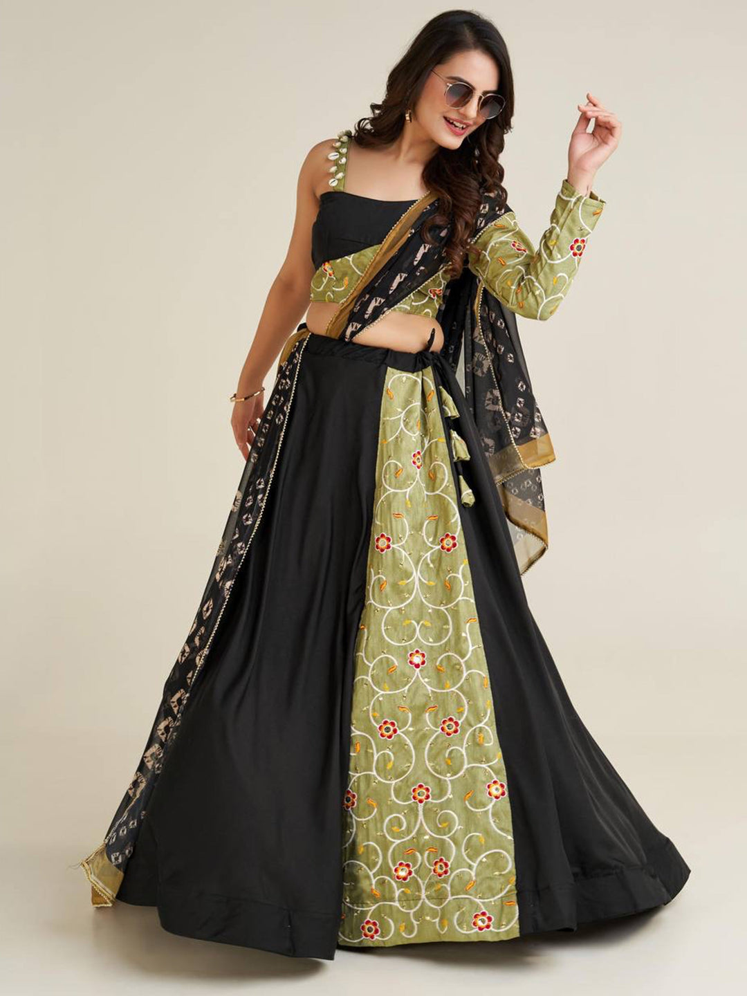 AdorableÃ‚Â Black Printed Rayon Navratri Lehenga Choli With Dupatta