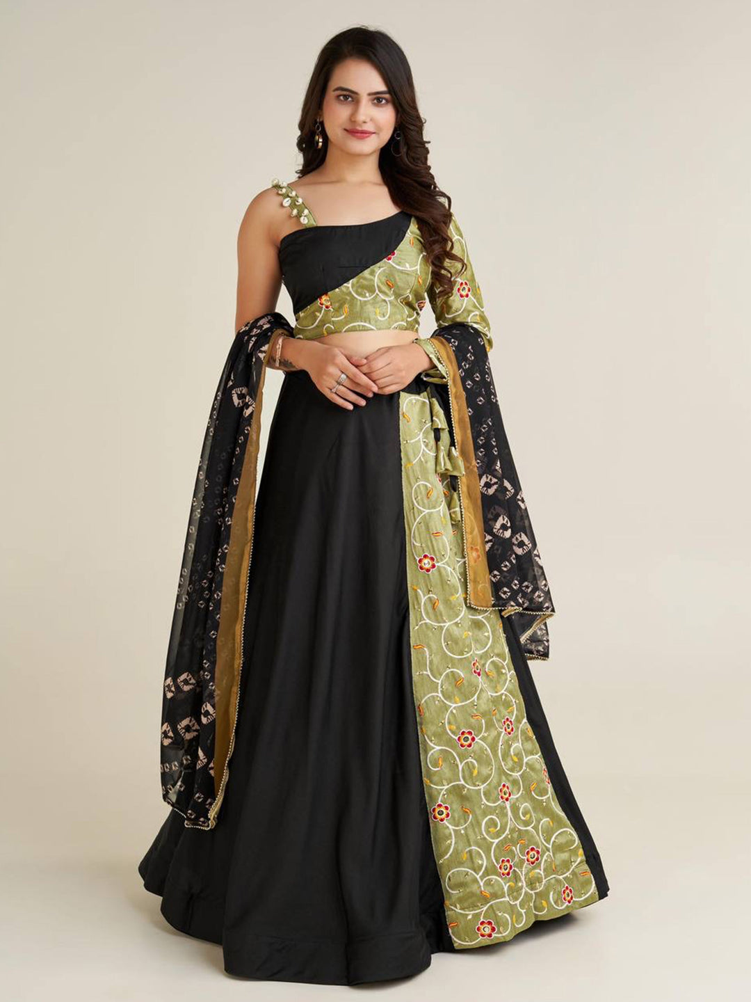 AdorableÃ‚Â Black Printed Rayon Navratri Lehenga Choli With Dupatta