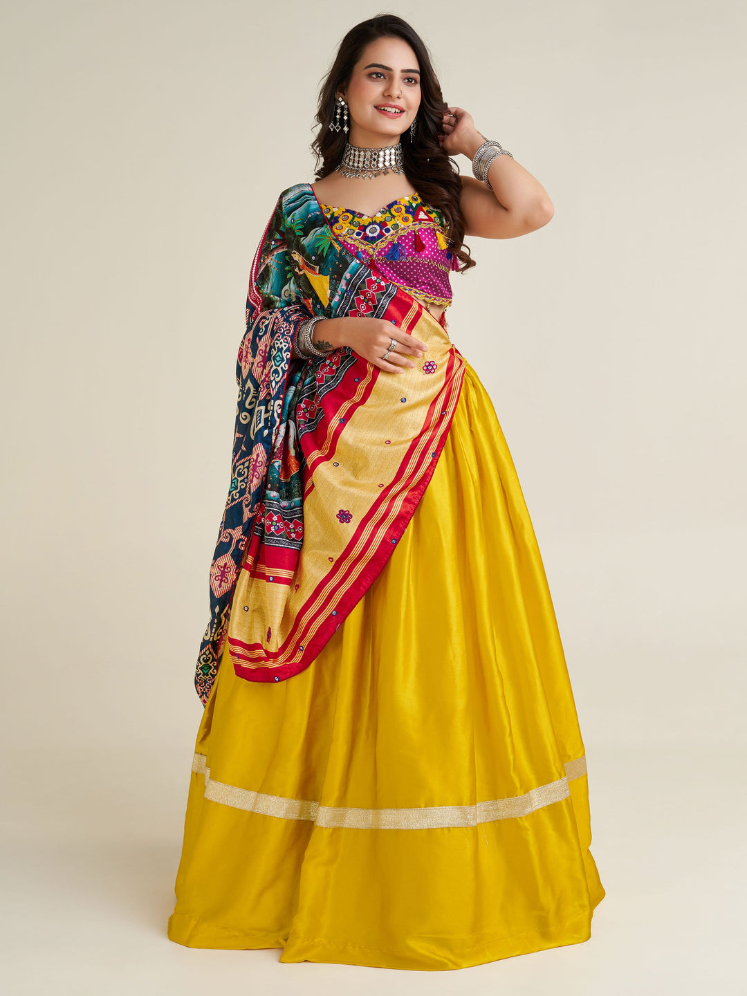 FascinatingÃ‚Â Yellow Gamthi Work Satin Navratri Lehenga Choli