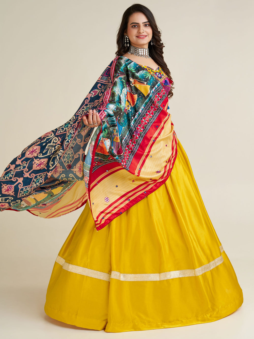 FascinatingÃ‚Â Yellow Gamthi Work Satin Navratri Lehenga Choli