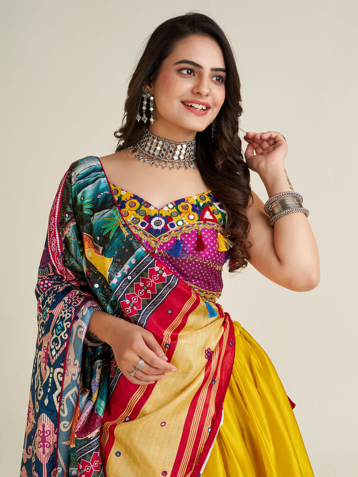 FascinatingÃ‚Â Yellow Gamthi Work Satin Navratri Lehenga Choli