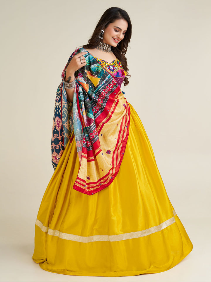 FascinatingÃ‚Â Yellow Gamthi Work Satin Navratri Lehenga Choli