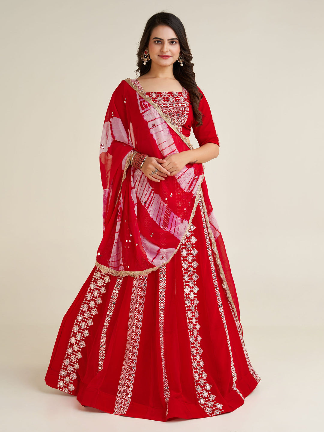 CharmingÃ‚Â Red Thread Work Georgette Navratri Wear Lehenga Choli