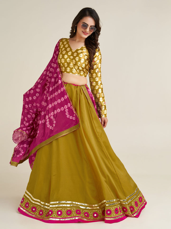 AdorableÃ‚Â Mustard Yellow Mirror Work Silk Navratri Lehenga Choli