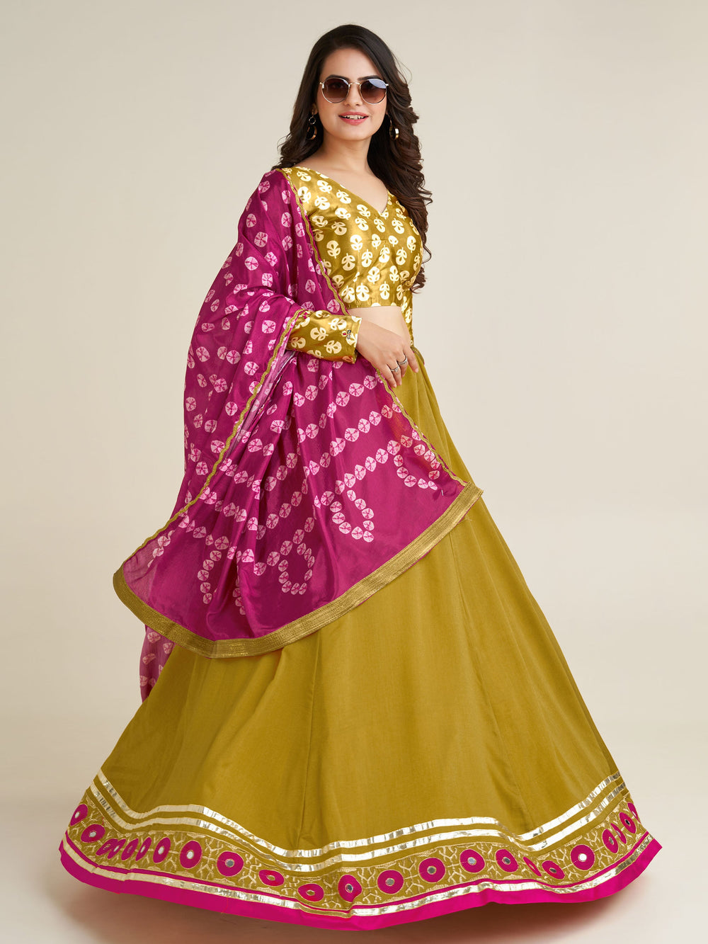 AdorableÃ‚Â Mustard Yellow Mirror Work Silk Navratri Lehenga Choli