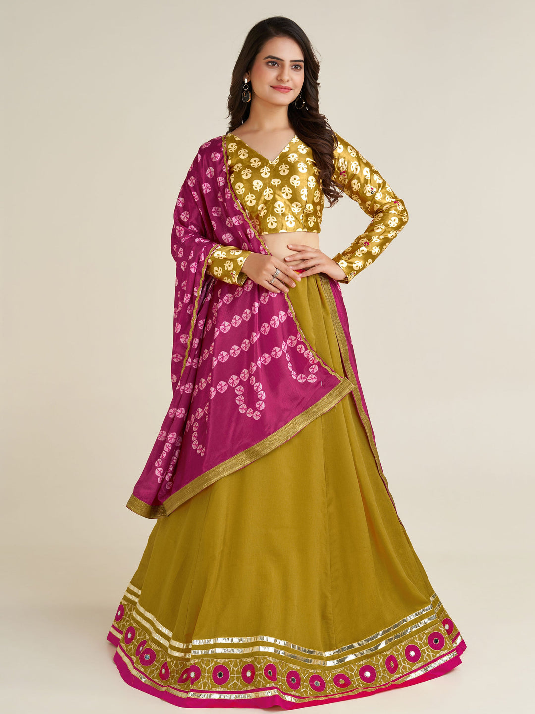 AdorableÃ‚Â Mustard Yellow Mirror Work Silk Navratri Lehenga Choli