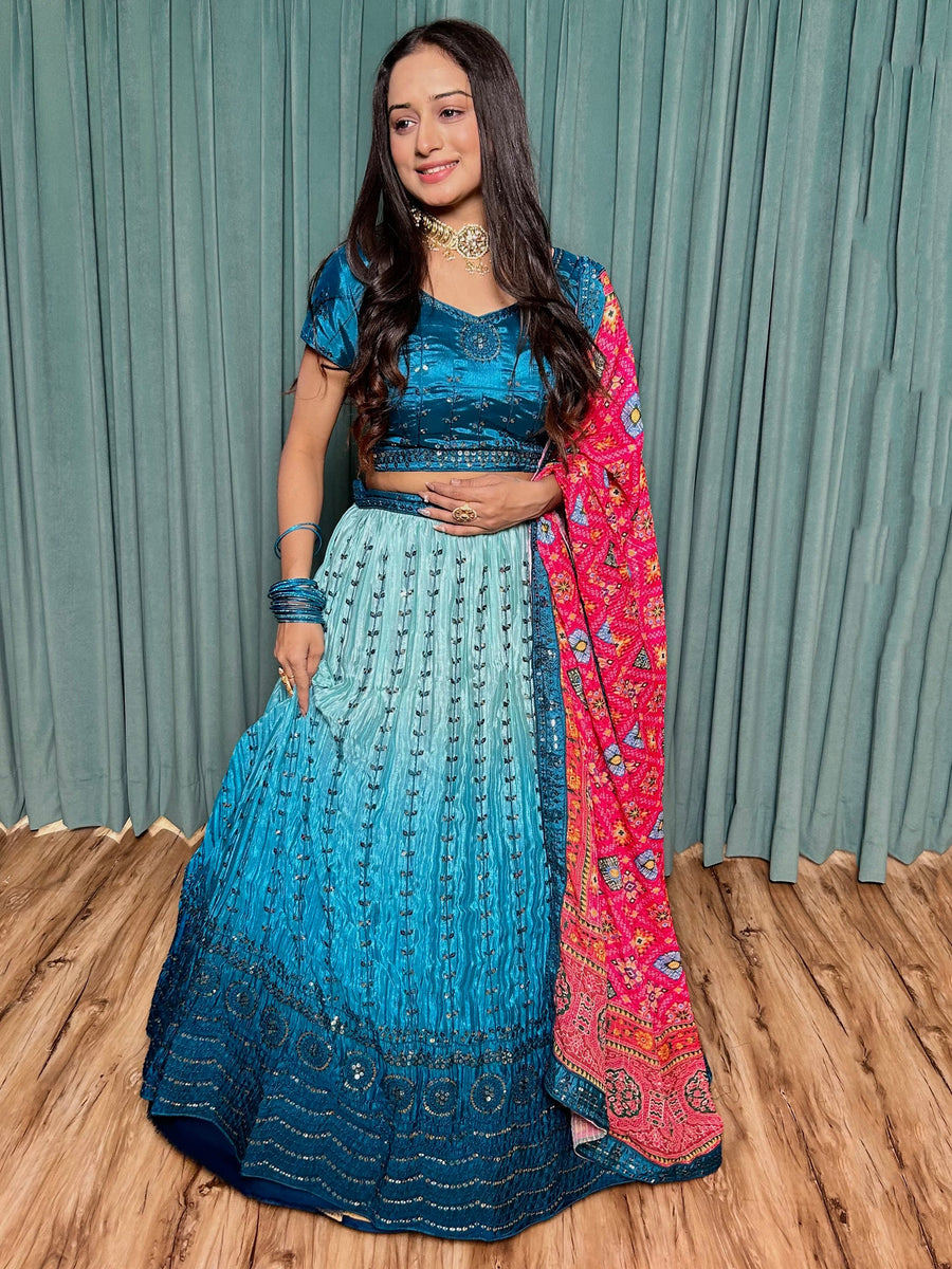 Adorable Blue Sequins Silk Wedding Lehenga Choli With Dupatta