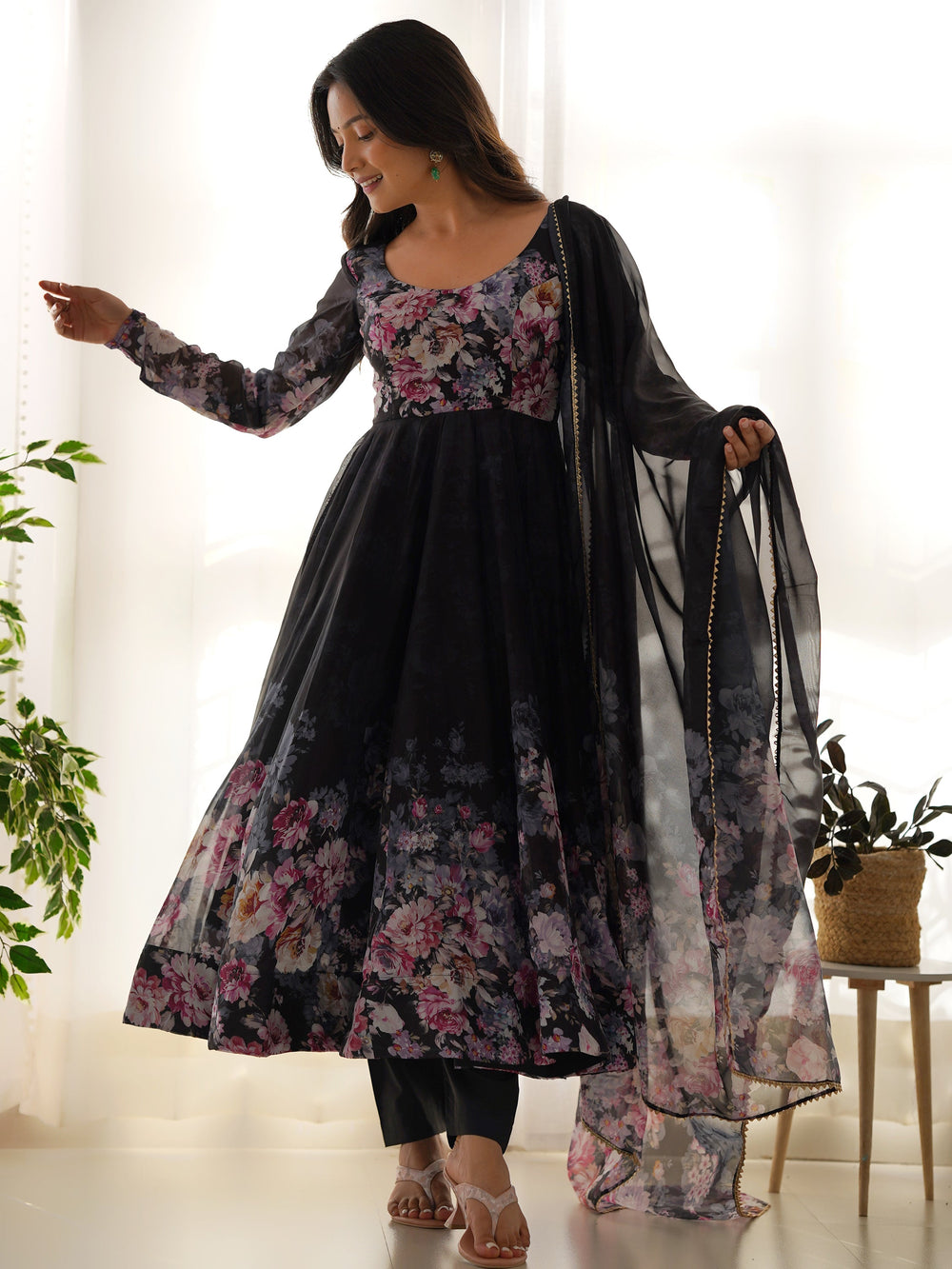 Adorable Black Floral Printed Organza Traditional Anarkali Suit