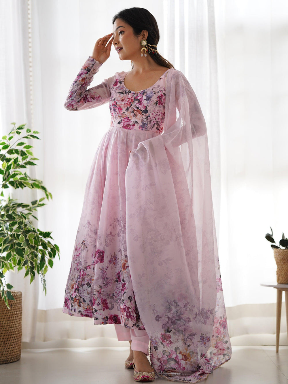 Fascinating Pink Floral Printed Organza Anarkali Suit With Dupatta