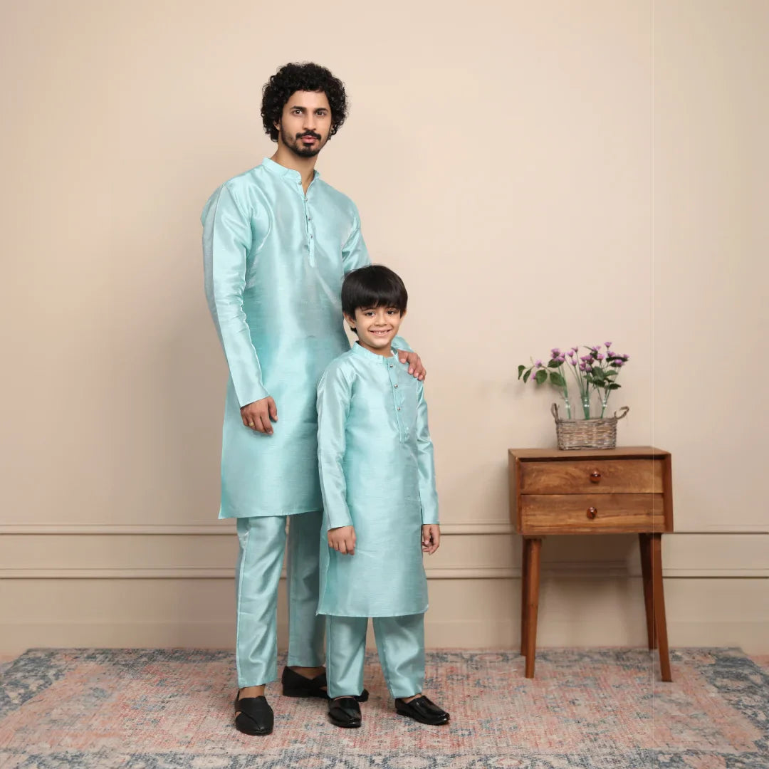 Shining Aqua Blue Silk Kurta with Pyjama Father & Son Twin Set