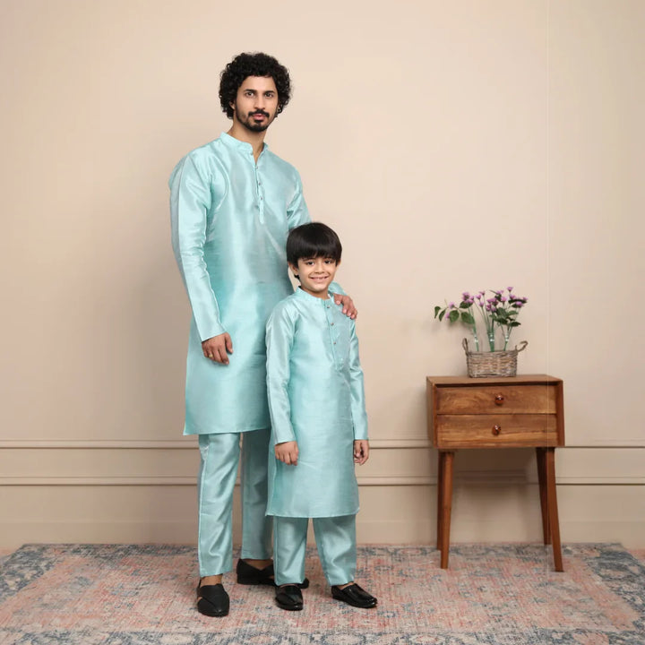 Shining Aqua Blue Silk Kurta with Pyjama Father & Son Twin Set